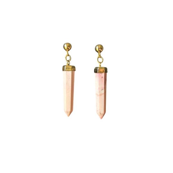 Tumbled Pink Rose Quartz Crystal Dangle Earring Pointed Posts Gold Boho Gemstone - Picture 3 of 3